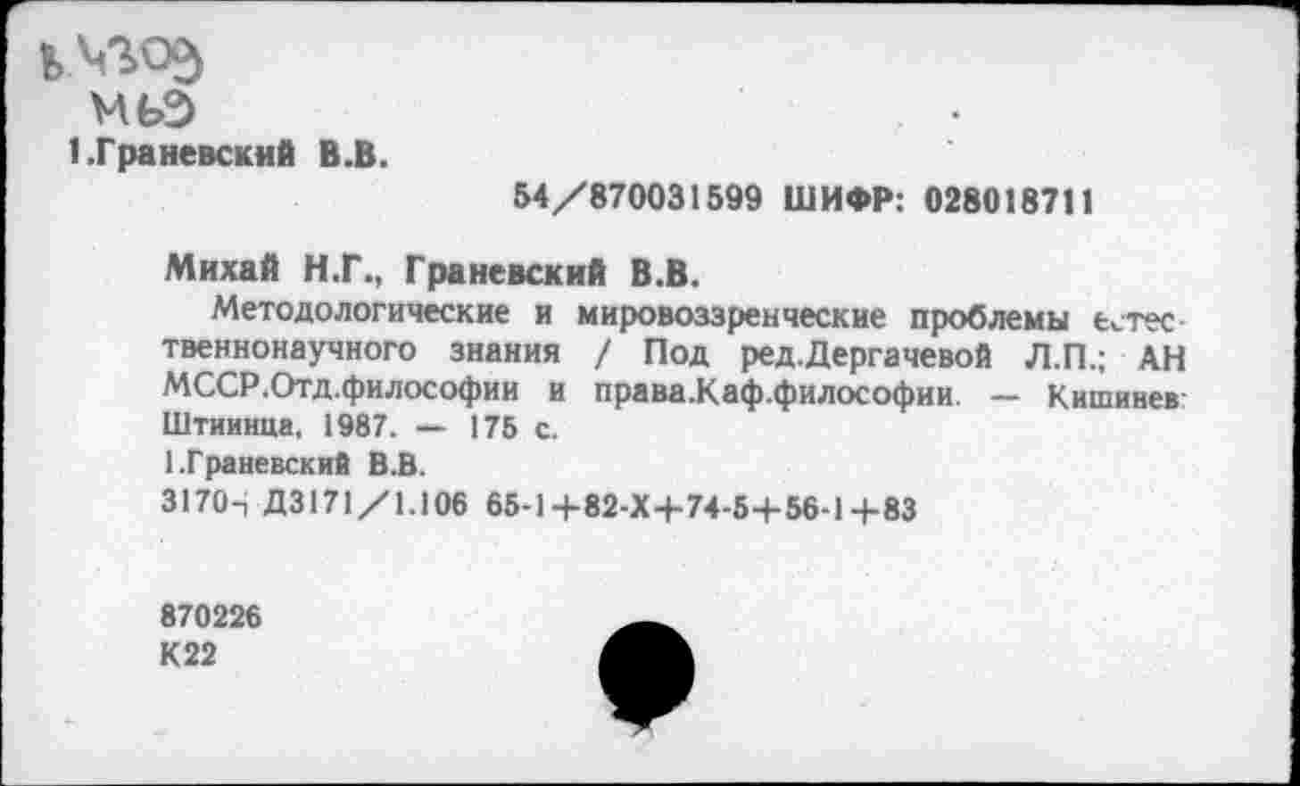 ﻿ьчгоэ
мьа
1 .Граневский В.В.
54/870031599 ШИФР: 028018711
Михай Н.Г., Граневский В.В.
Методологические и мировоззренческие проблемы естественнонаучного знания / Под ред.Дергачевой Л.П.; АН МССР.Отд.философии и права.Каф.философии — Кишинев: Штиинца, 1987. — 175 с.
ЬГраневский В.В.
3170-, Д3171/1.106 65-1+82-Х+74-5+56-1 +83
870226
К 22